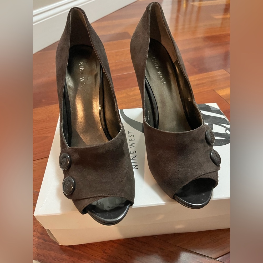 Brown Suede peep toe heals great for fall.